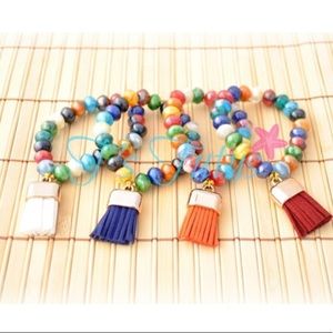Colorful Tassel and Glass Beaded Stretch Bracelet Colored Swirl Glass Beads